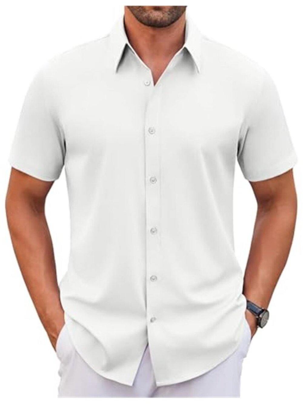 Men Stretch Short Sleeve Dress Shirt Wrinkle Free Casual Button Down White